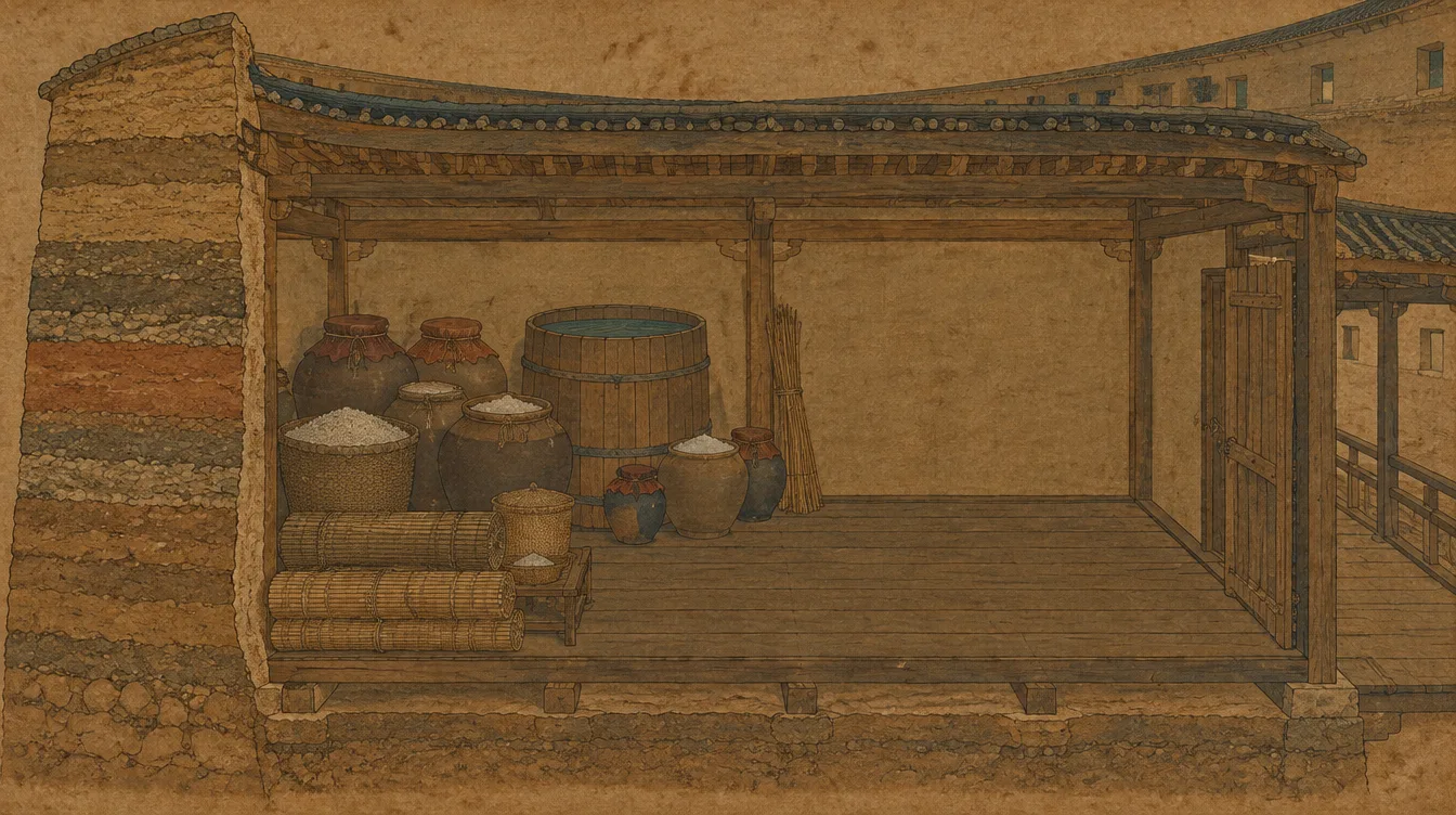 Potongan kamar lumbung di lantai satu: guci garam dan beras, tong air, dinding tanah setebal dua meter.