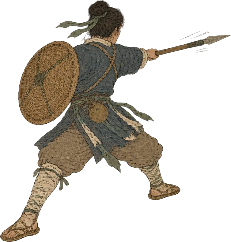 Zeng Yuan menerjang dengan tombak lurus dari galeri dekat, perisai rotan terangkat.